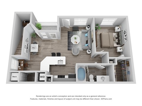 A 3D floor plan of a house with a kitchen, living room, and bathroom.